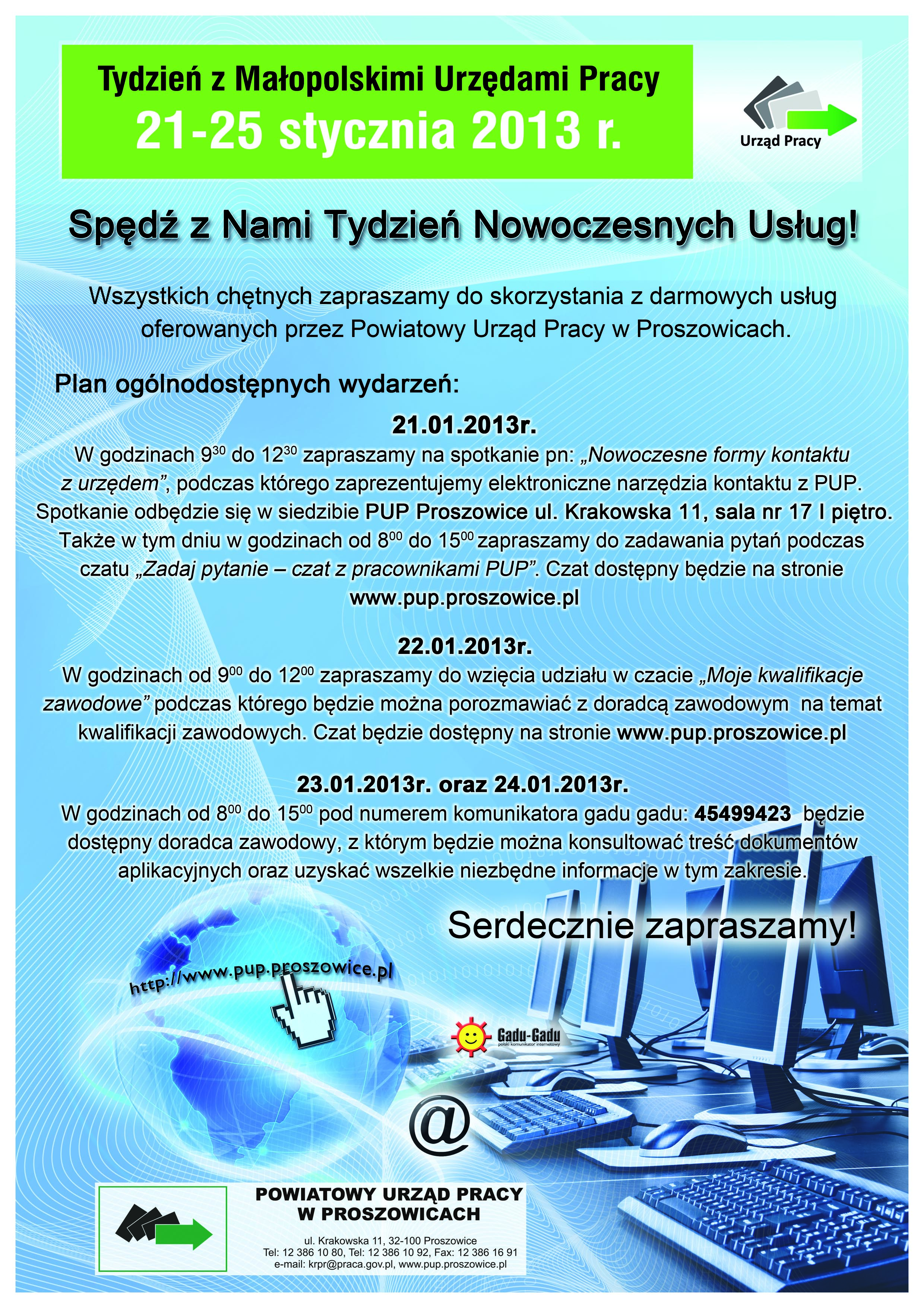 Plakat Tygodnia z Małopolskimi Urzedami Pracy 21-25 stycznia 2013 r.